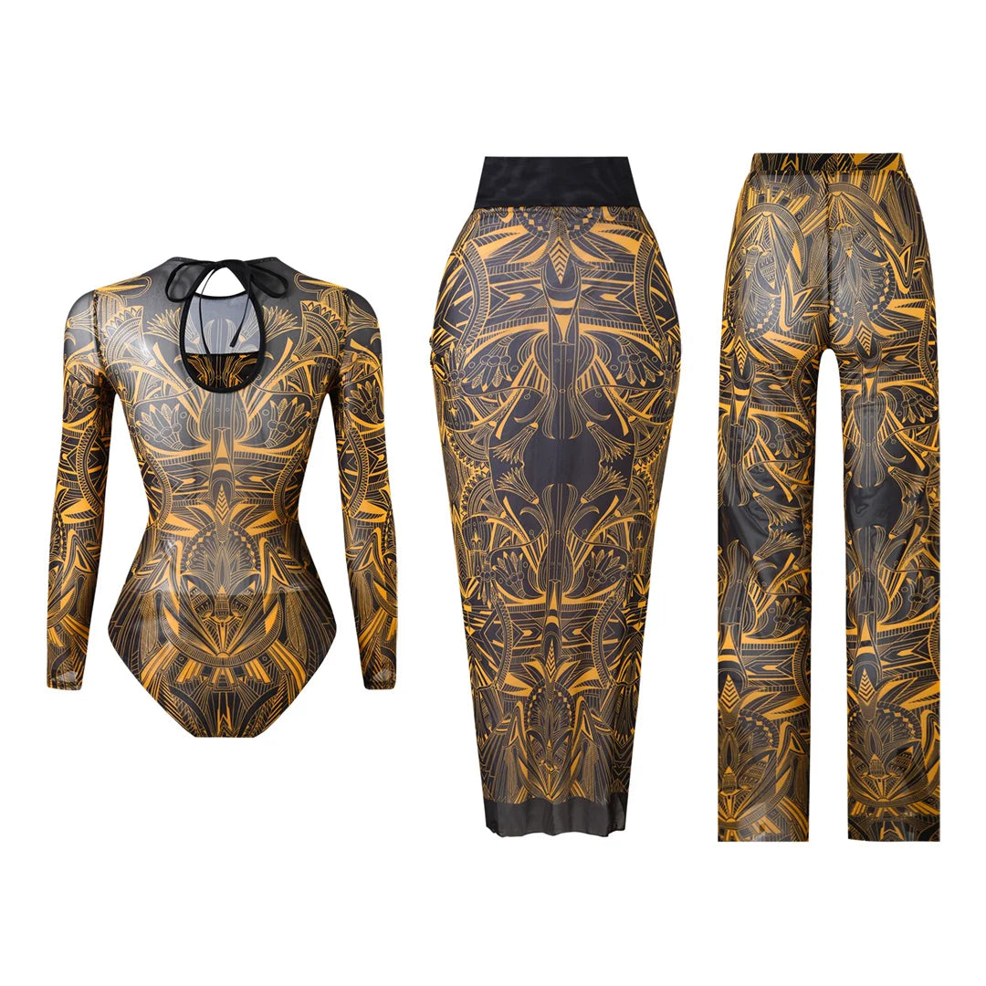 Damen-Badeanzug 3-teilig Print Langarm Sarong-Set gepolstert