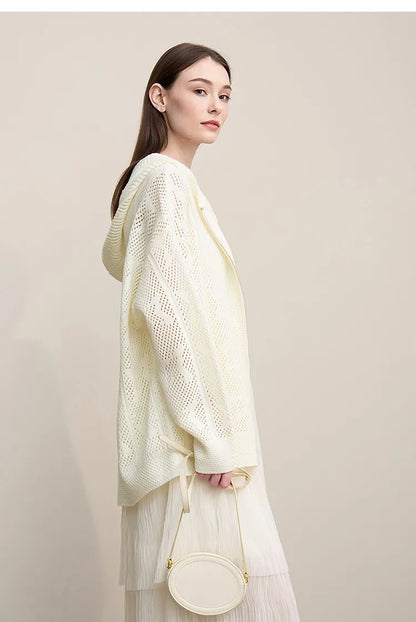 Damen-Strickjacke Kapuze Jacquard Hohlstrick Doppelreißverschluss locker Frühling
