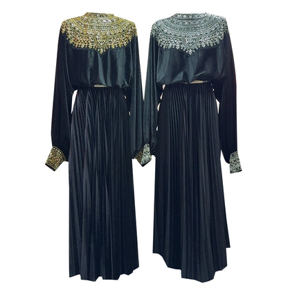 Elegantes Damenkleid mit Rundhalsausschnitt und langen Ärmeln – Patchwork-Design mit Perlen für einen stilvollen Auftritt.