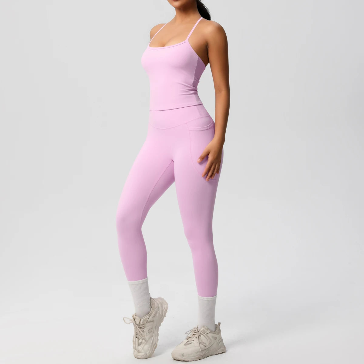 Damen-Sportset (2-teilig) in Rosa: Trägershirt und Leggings im Slim-Fit