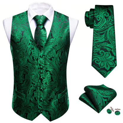 Dunkelgrüne Herrenweste mit Paisley-Jacquard, Knopfleiste, passender Krawatte und Einstecktuch