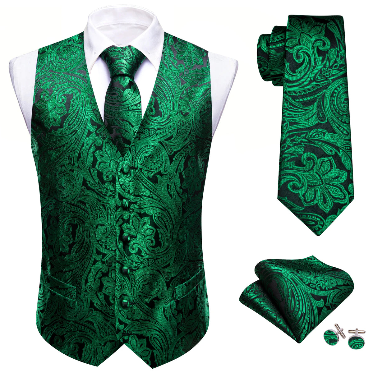 Elegantes Herrenweste-Set aus Jacquard in kräftigem Grün mit Krawatte und Einstecktuch.