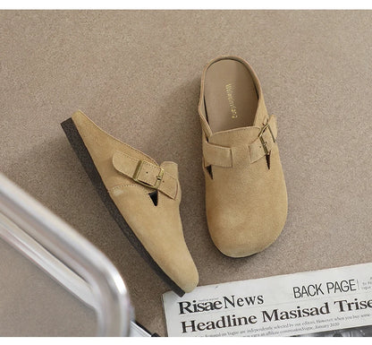 AIYUQI Hausschuhe Frauen Echt Leder 2025, Neue Große Größe 41 42 43 Frauen Sommer Schuhe Retro Oberbekleidung Flache Faule halbe Hausschuhe Frauen