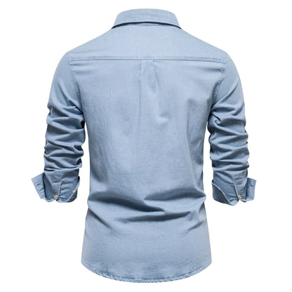 Herren Hemd aus Baumwolle im einfarbigen Denim-Look mit Tasche