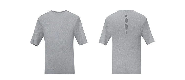 Hellgrauer Kurzarm-Strickpullover, vorne und hinten mit Cut-outs am Rücken