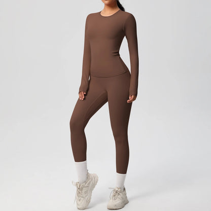 Gym-Leggings-Set mit langarmigem Sport-Top und schmalen Leggings in Braun