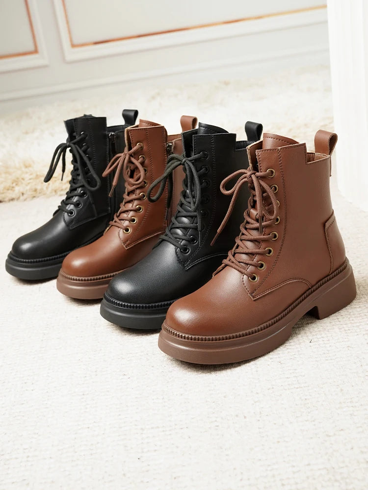Damen Stiefeletten aus echtem Leder im Retro-Stil mit quadratischem Absatz