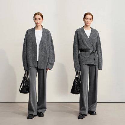Damen V-Ausschnitt Cardigan lang Wolle-Mix offen Winter