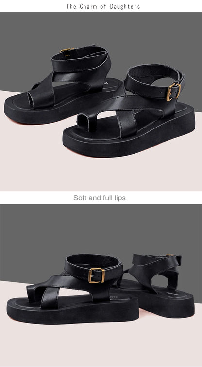 AIYUQI Sandalen Frauen Echtes Leder 2025, Sommer Neue Clip Toe Sandalen Damen Römischen Frauen Schuhe Muffin Sandalen WHS MTO