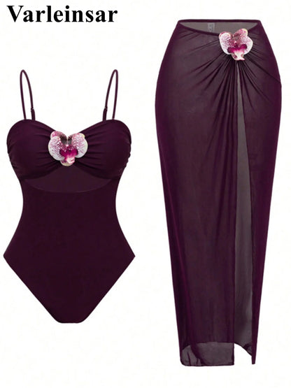 Damen Badeanzug 3D-Blumen Rock Monokini hoher Beinausschnitt Einteiler
