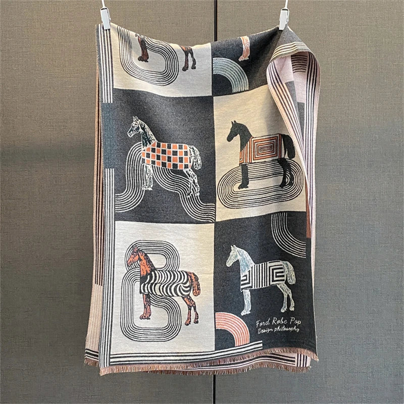 Damen Winterschal Kaschmir Pashmina Pferdprint warm dick Decke Luxus