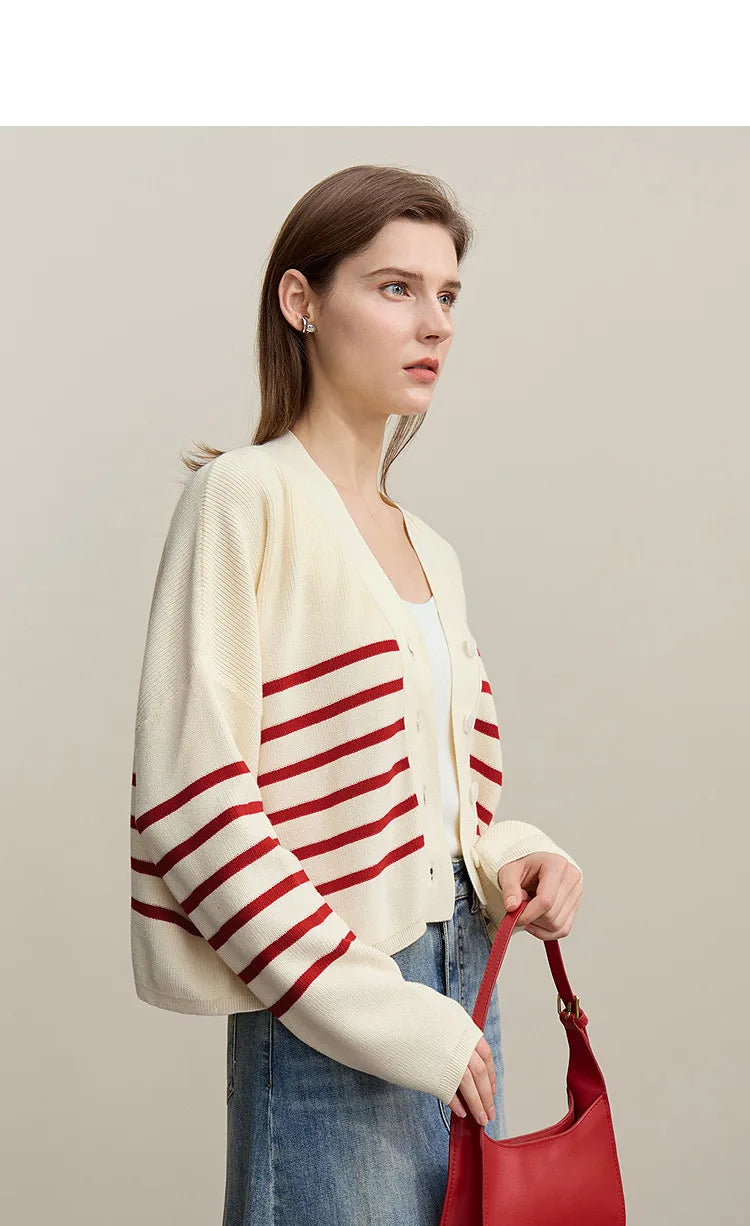 Damen-Strickjacke Baumwolle V-Ausschnitt Kontraststreifen kurz Raglan Frühling
