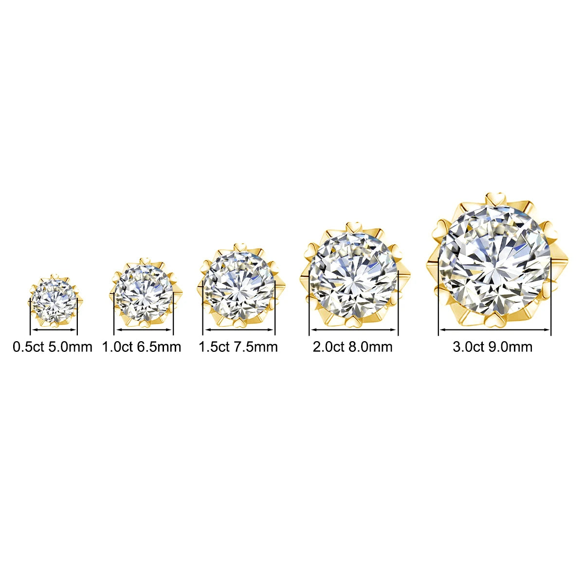 Damen-Moissanit-Ohrstecker mit Zertifikat 1 Ct 6,5 mm Gelbgold-Plattierung Silber 925