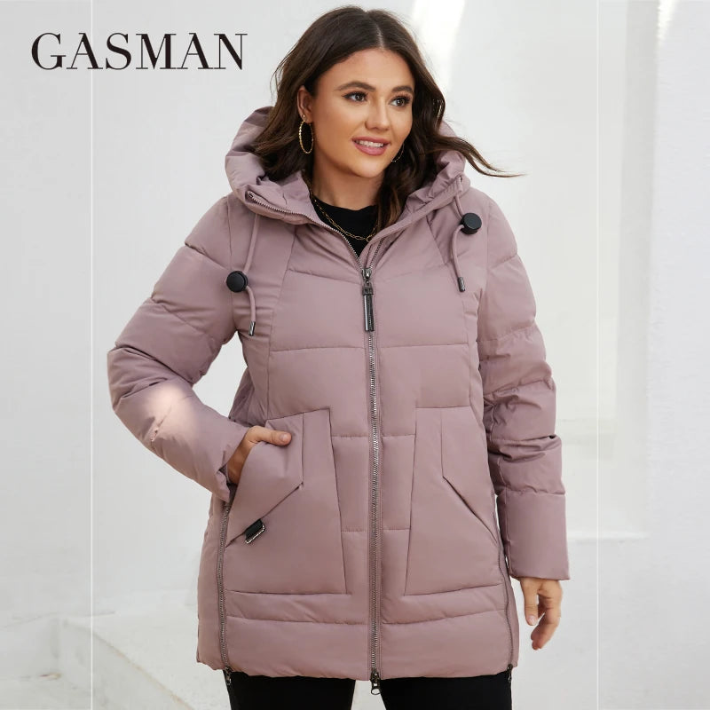Lange Damen-Daunenjacke mit Reißverschluss, Schnürdesign, Kapuze und Taschen – warm und klassisch für den Winter.
