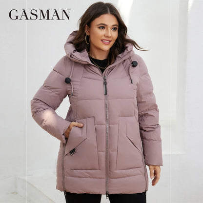 Lange Damen-Daunenjacke mit Reißverschluss, Schnürdesign, Kapuze und Taschen – warm und klassisch für den Winter.