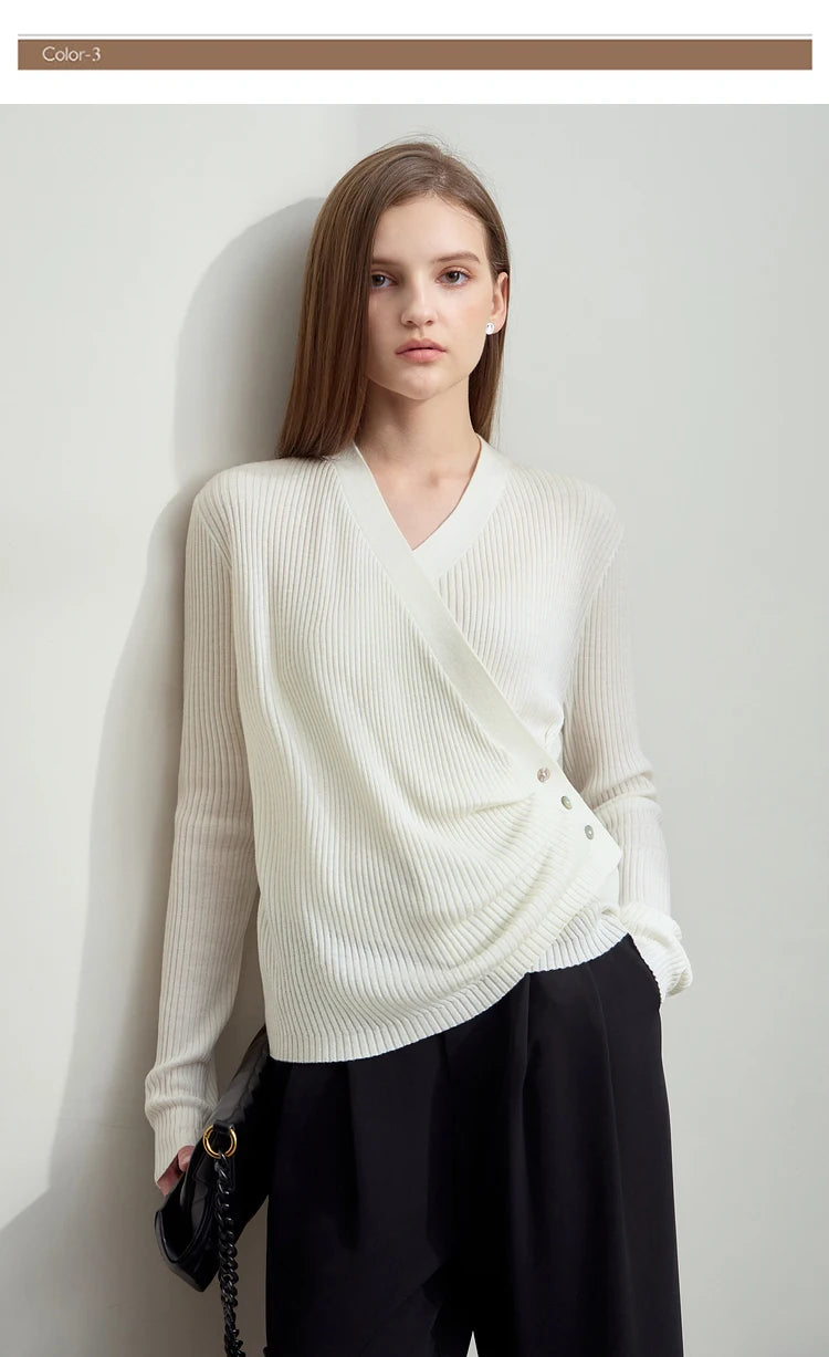 Damen V-Ausschnitt Pullover plissiert Muschelschnalle Wolle Herbst