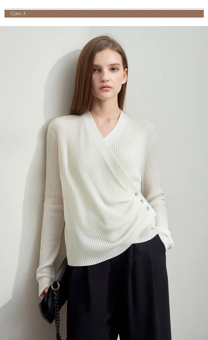 Damen V-Ausschnitt Pullover plissiert Muschelschnalle Wolle Herbst