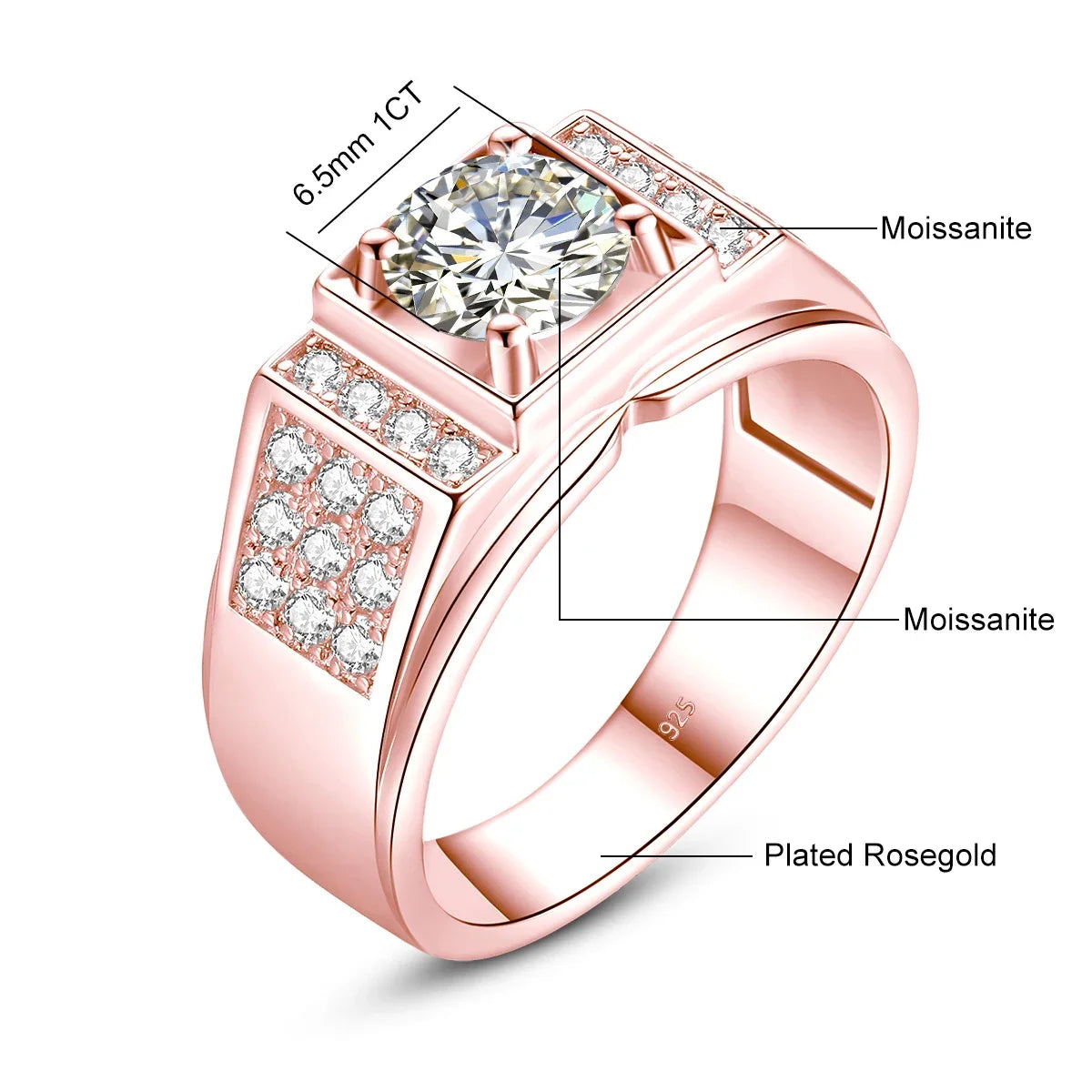 Herren-Moissanit-Ring aus Sterlingsilber 925 mit Zertifikat, Rundschliff 6,5 mm, 1 ct