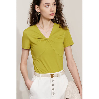 Damen T-Shirt im Minimalismus-Stil mit V-Ausschnitt und dünnem Design