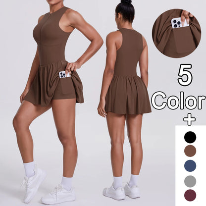 Yoga-Overall mit Tasche, ärmellos, braun, gerüschter Rocksaum vorne