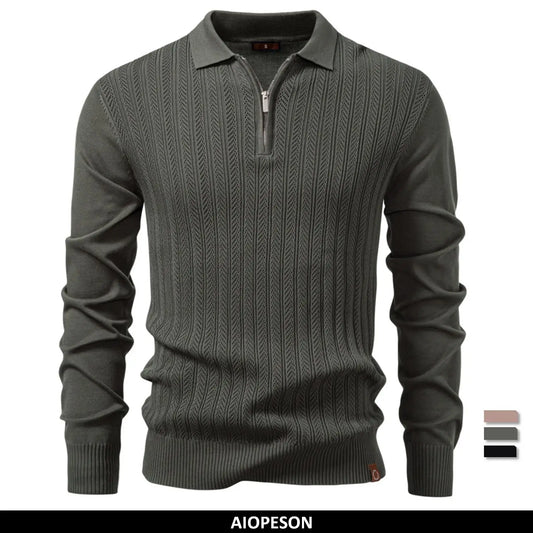 Herren-Pullover-Polo mit Reißverschluss, Strickmuster, gerippte Bündchen und Saum, dunkelgraugrün