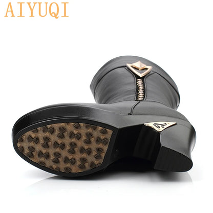 AIYUQI winter women boots first layer of leather high heeled genuine leather boots Gaotong thick with long barreled boots wool