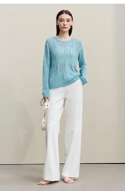 Hellblauer Damen-Strickpullover mit Rundhalsausschnitt und Zopfmuster, locker sitzend