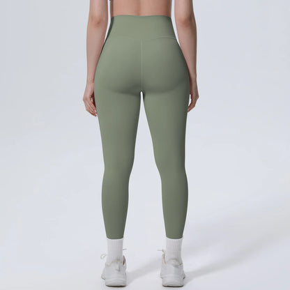 High-Waist-Yogaleggings olivgrün, Vorderansicht, schmales 3/4-Bein mit Bund