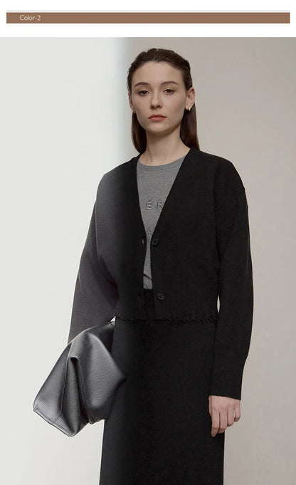 Damen-Strickjacke V-Ausschnitt kurz Quaste locker Langarm Herbst