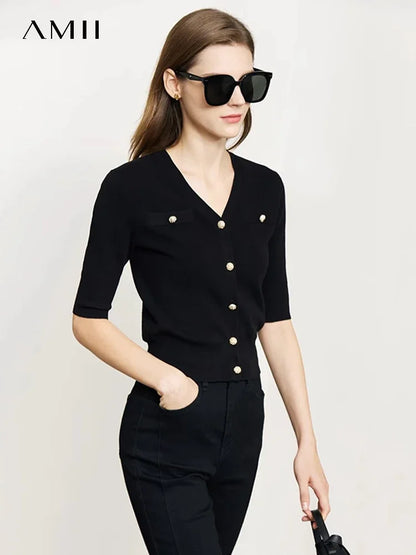 Damen-Strickjacke Baumwolle Slim Halbarm V-Ausschnitt Büro Frühling