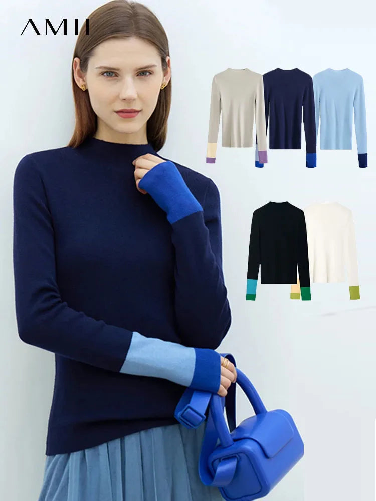 Damen-Halbrollkragen-Pullover Slim Farbkontrast Wolle-Mix Winter