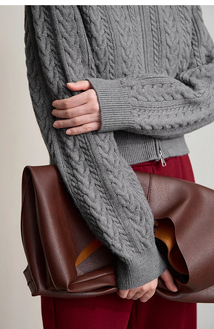 Damen-Rollkragen-Strickjacke Reißverschluss schlank Herbst