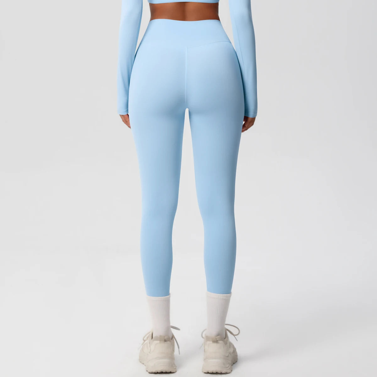 Damen-Yoga-Leggings in Hellblau, Rückansicht, lang, hoher Bund