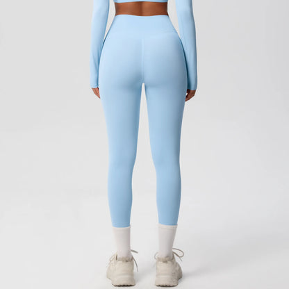 Damen-Yoga-Leggings in Hellblau, Rückansicht, lang, hoher Bund