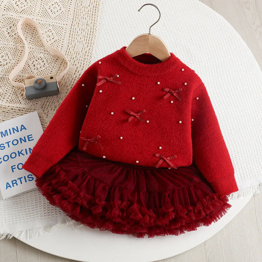 Mädchen Outfit Set mit Bogen Pullover und dünnem Mesh Rock