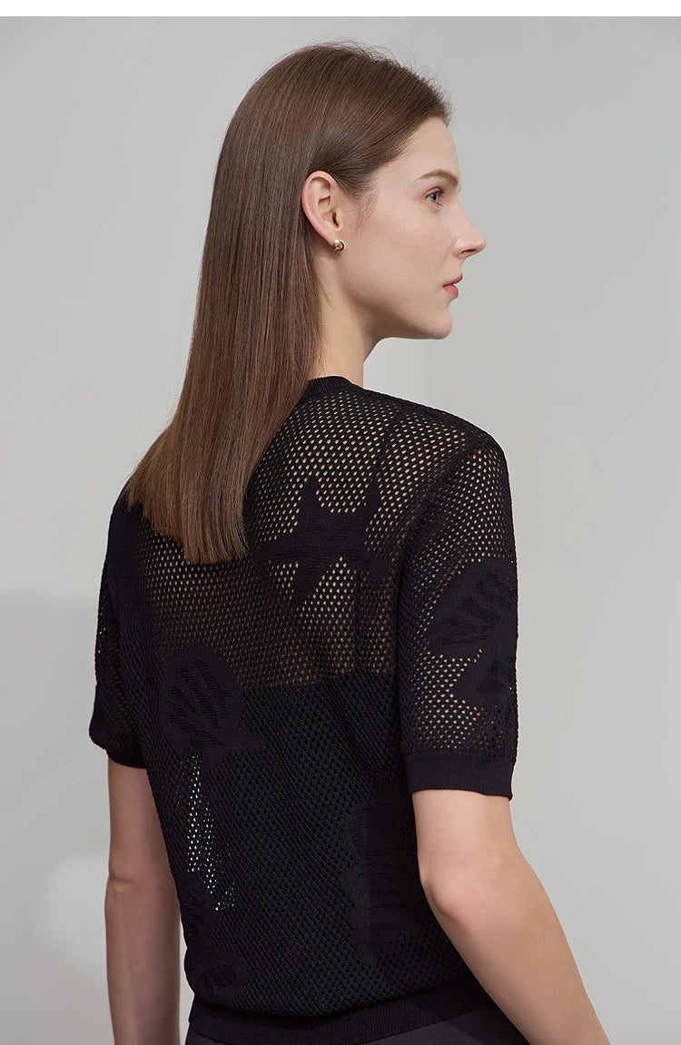 Damen Top im minimalistischen Ozean-Stil mit Perlenbesatz und durchbohrten Löchern