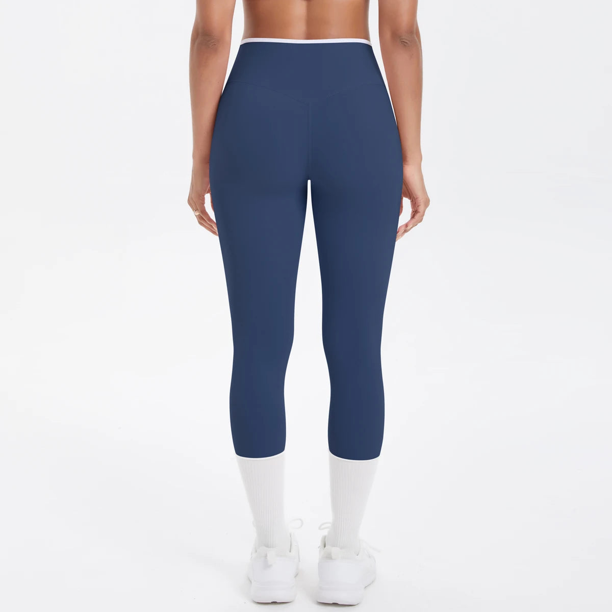 Damen-Yoga-Leggings, hohe Taille, dunkelblau, 3/4 Länge, Rückansicht