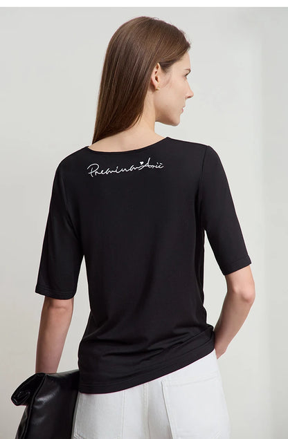 Damen T-Shirt mit drapierter Kragen- und besticktem Design aus modalem Strick