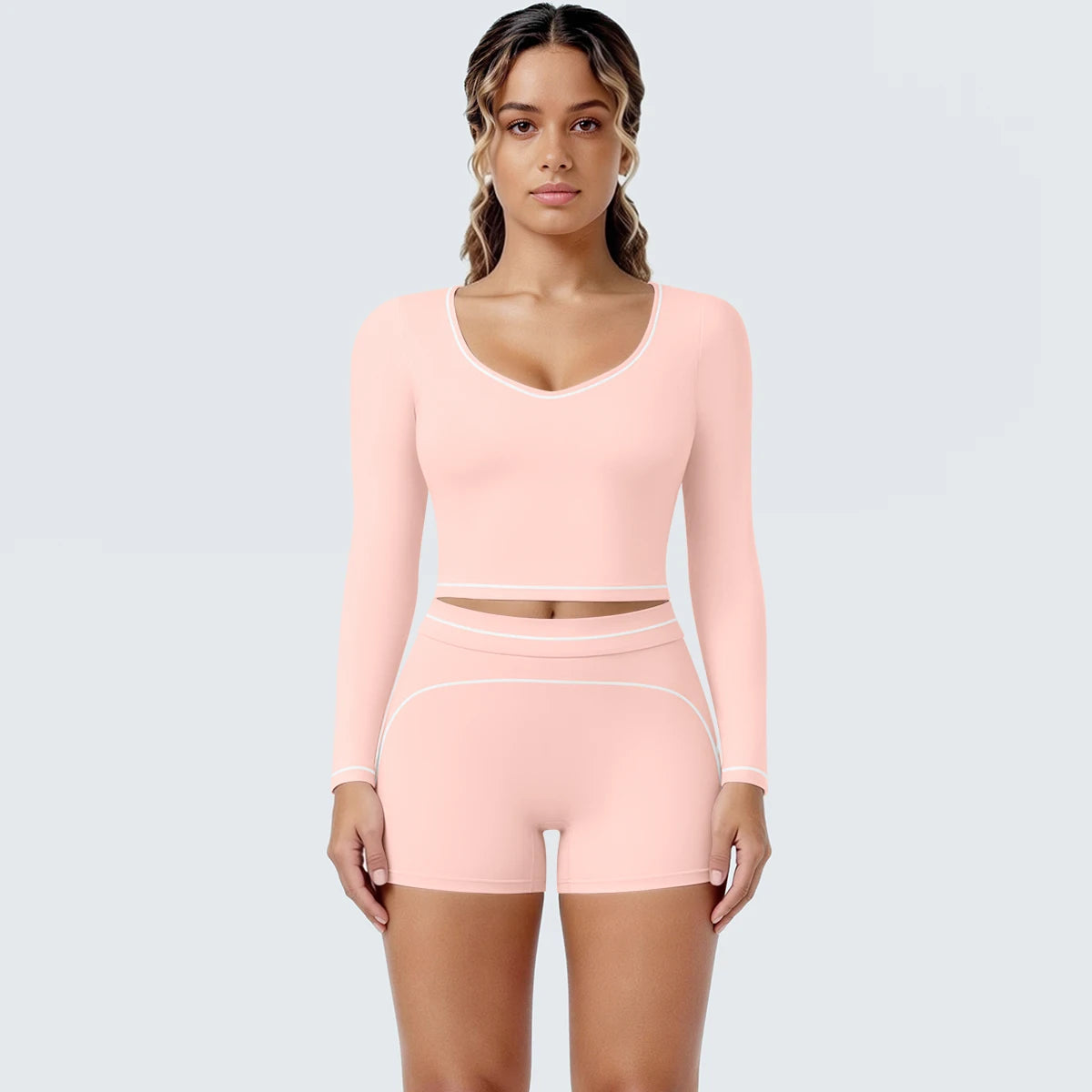 Damen-Yoga-Set mit langarmem Top und Shorts, apricotfarben, Nahtdetails