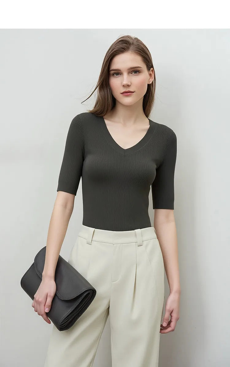 Damen V-Ausschnitt Pullover Viskose Halbarm Slim Büro Sommer