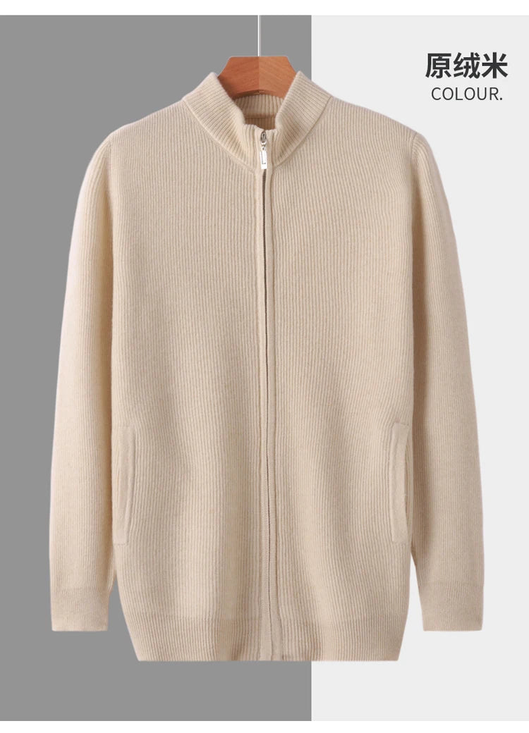 Stehkragen Reißverschluss Strickjacke Pullover Herrenmantel Business Casual Herbst Winter neue reine Wolle Strickjacke Männer Doppeltaschen