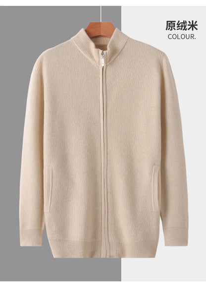 Stehkragen Reißverschluss Strickjacke Pullover Herrenmantel Business Casual Herbst Winter neue reine Wolle Strickjacke Männer Doppeltaschen