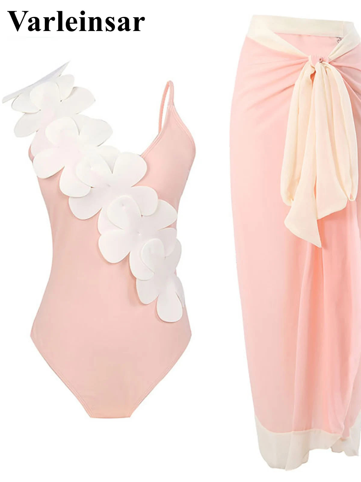 Damen Badeanzug Sarong 3D-Blumen tiefer V-Ausschnitt hoher Beinausschnitt