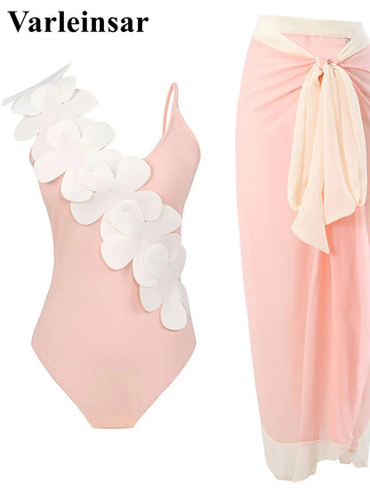 Damen Badeanzug Sarong 3D-Blumen tiefer V-Ausschnitt hoher Beinausschnitt