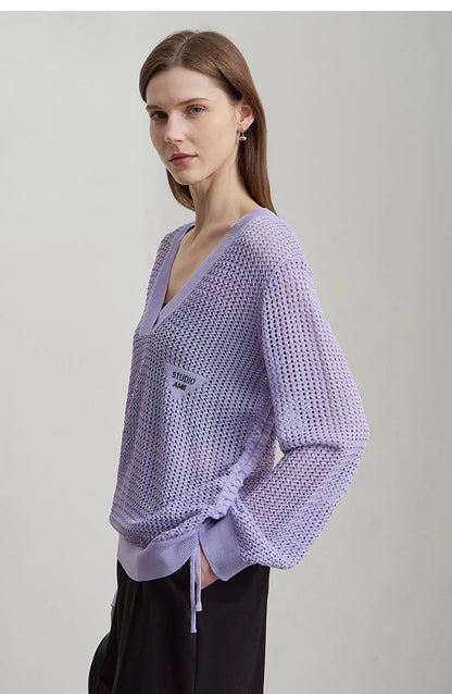 Damen-Strickpullover mit V-Ausschnitt, offene Maschen, lange Ärmel, lila