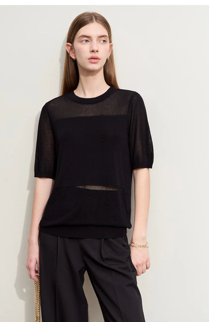 Schwarzer Damen-Strickpullover mit O-Ausschnitt, kurzarm, transparente horizontale Einsätze