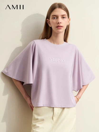Damen T-Shirt mit elastischen Flare-Ärmeln und Perlen-Stickerei im minimalistischen Stil