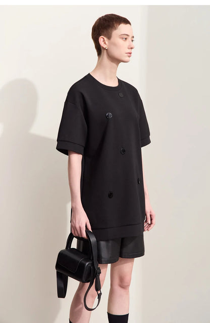 Damen T-Shirts im Minimalismus-Stil mit losem Patchwork und Dekoration