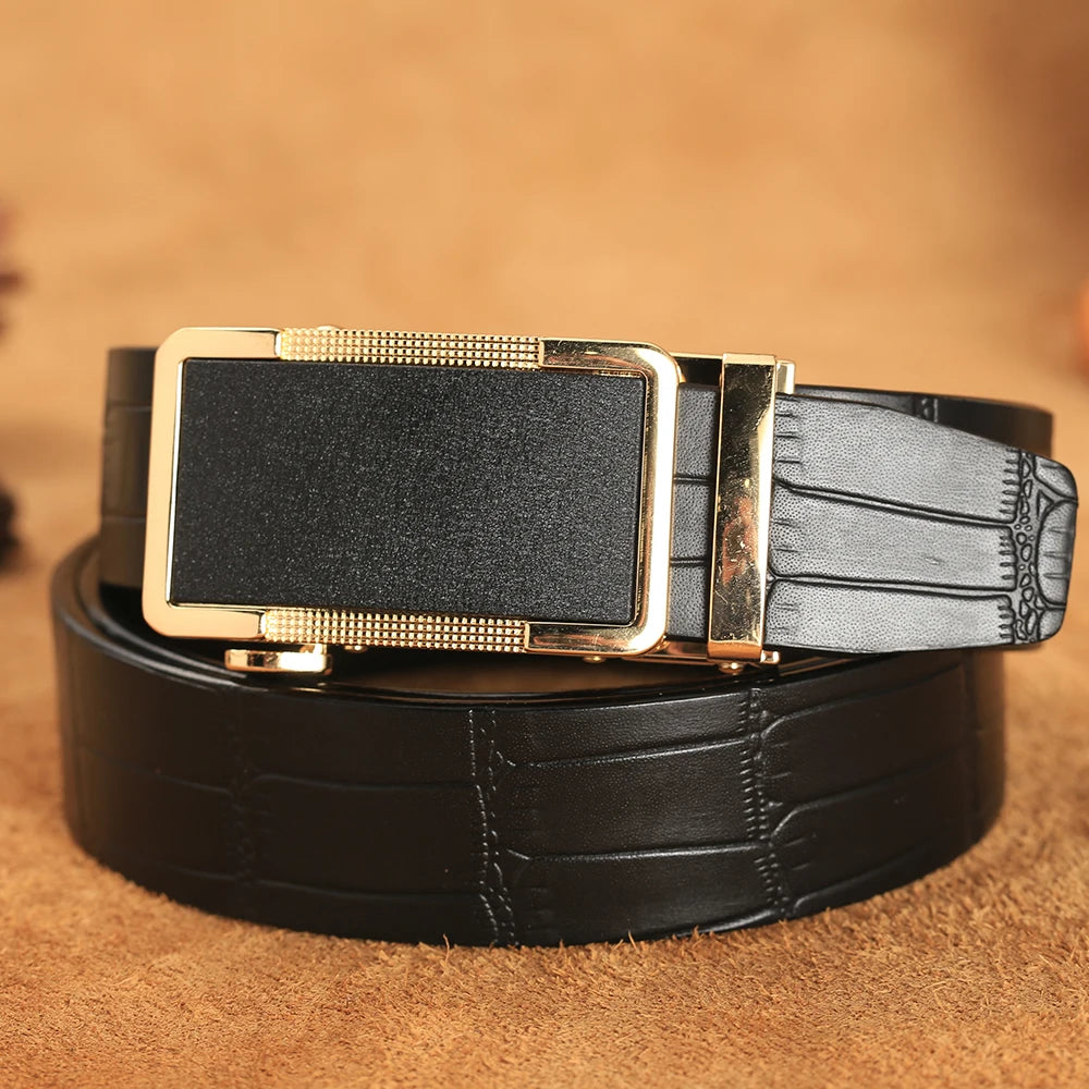 Herren Echtleder-Gürtel Krokodilmuster 3,5 cm Gold Automatik-Schnalle Rindsleder