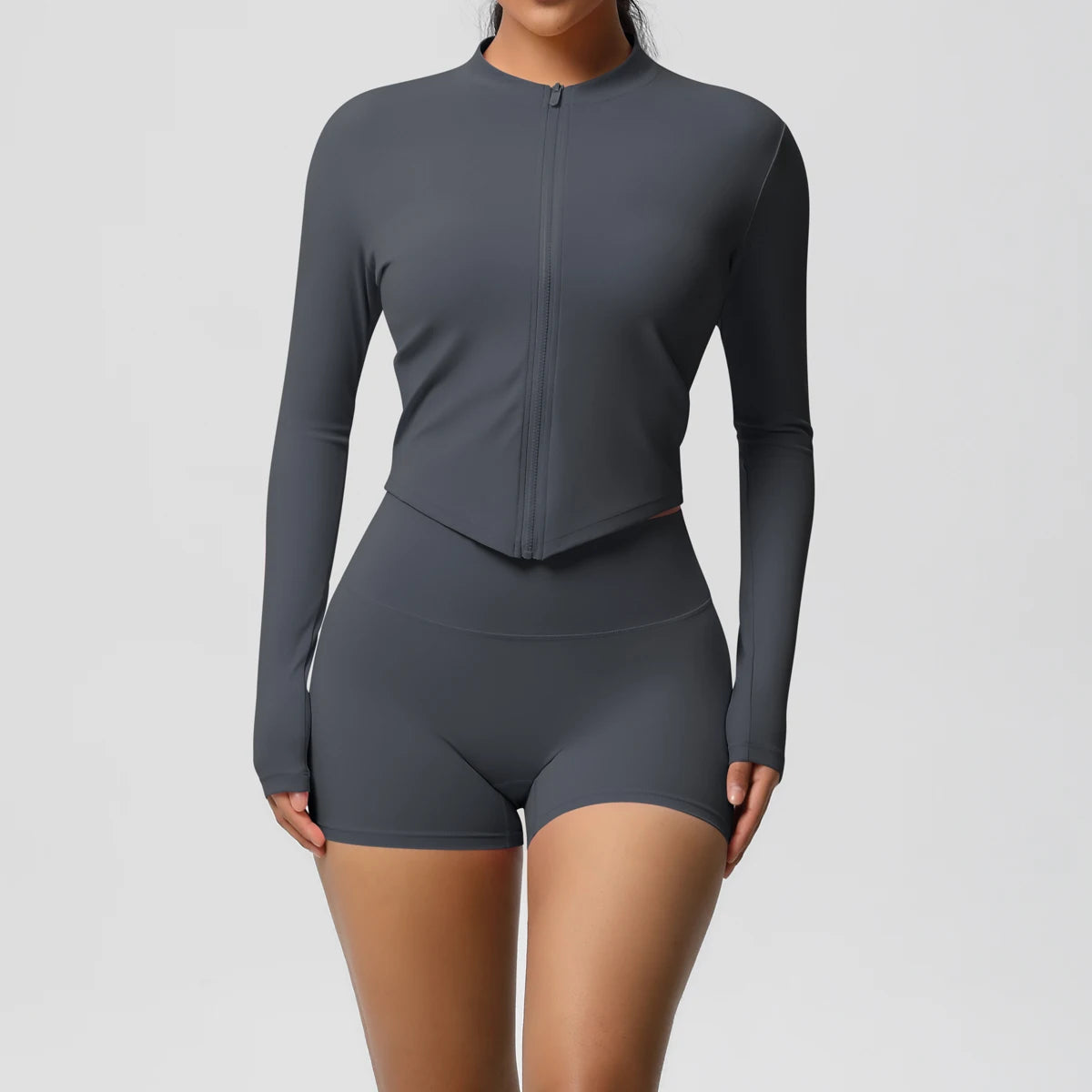 Yoga-Set für Damen, graues Langarmjacke mit Reißverschluss und Shorts